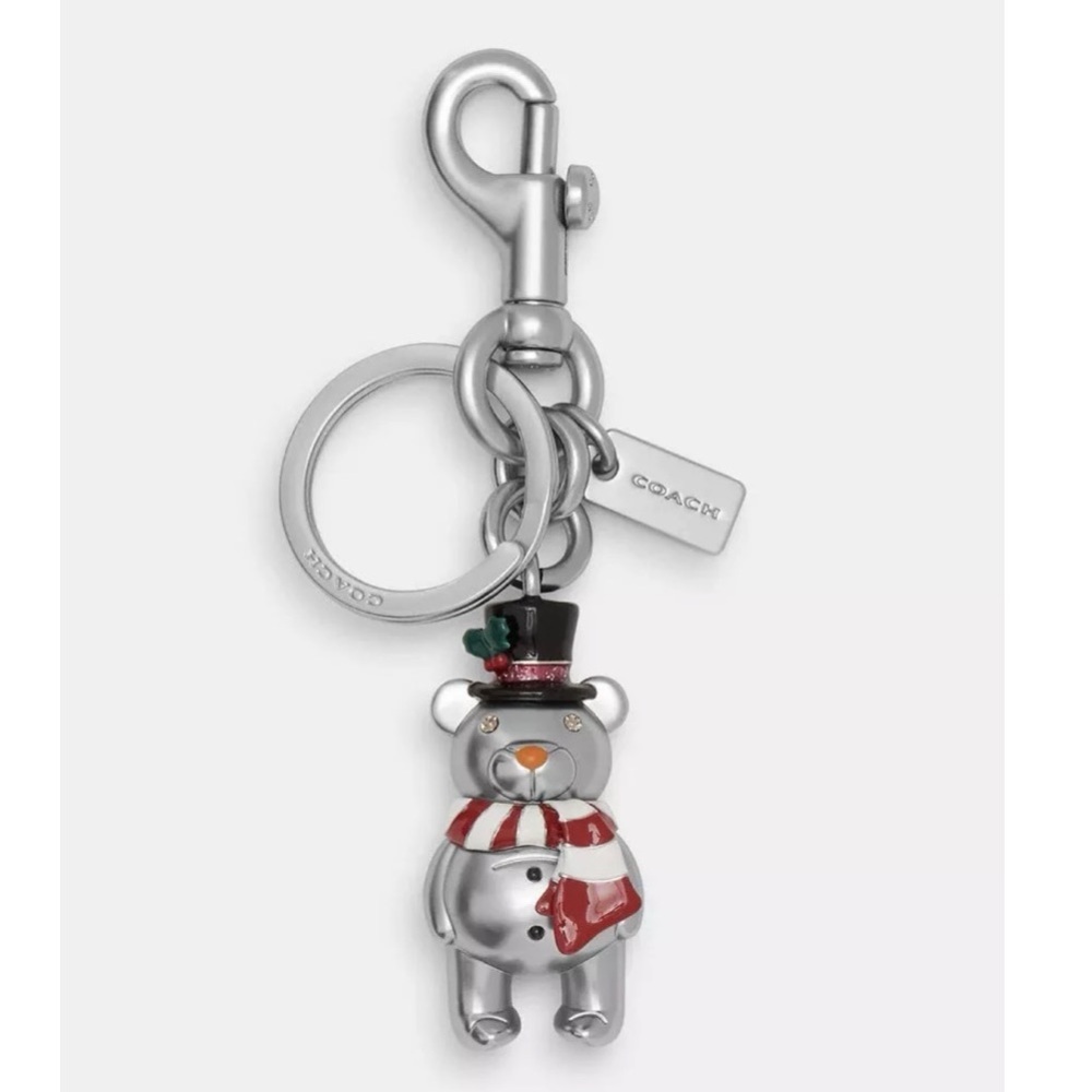 Coach Silver Teddy Bear Keychain with Red and Black Accents